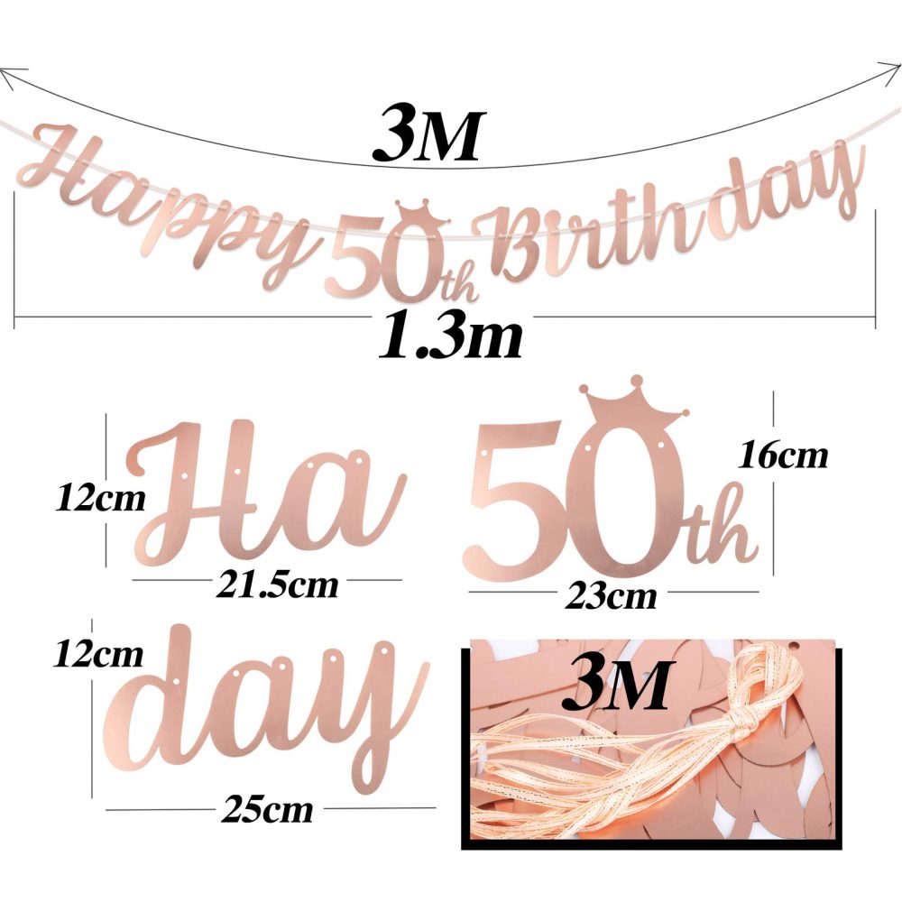 Happy 50th Birthday Banner Crown Garlands Backdrop Bunting Fifty Years Old Anniversary Photo Booth Background DIY Party Decoration Supplies for Boys or Girls Living Room(Rose Gold) - Image 6