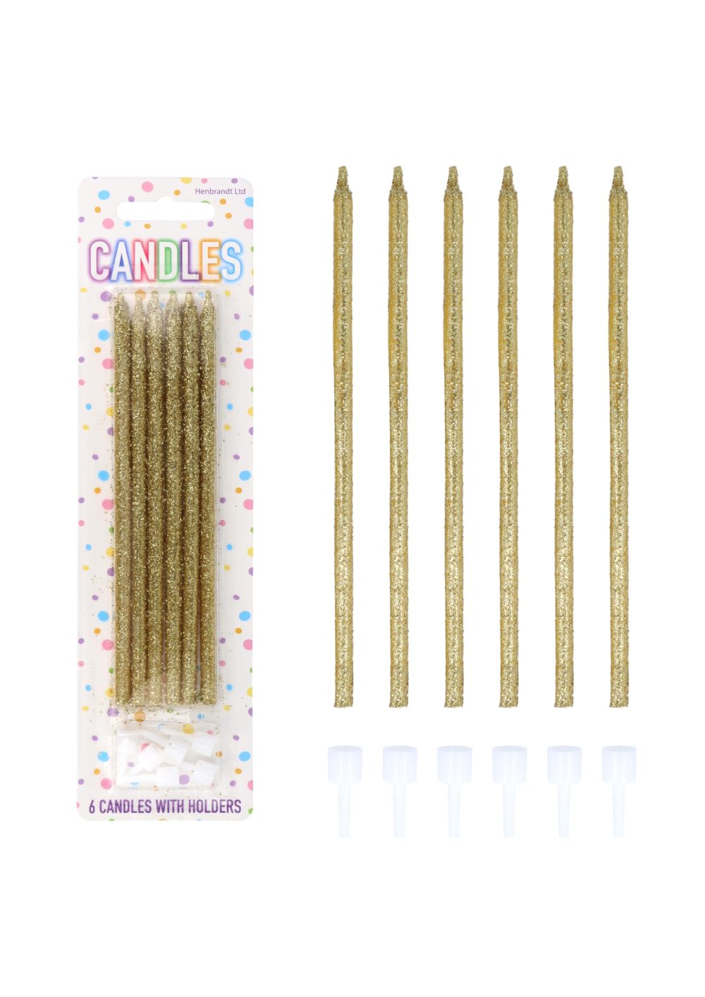 Henbrandt Pack of 6 Glitter Gold Party Candles with Candle Holders, Gold 14cm Long Tall Celebration Candles for Birthday Cakes Baby Shower and Anniversary Decorations