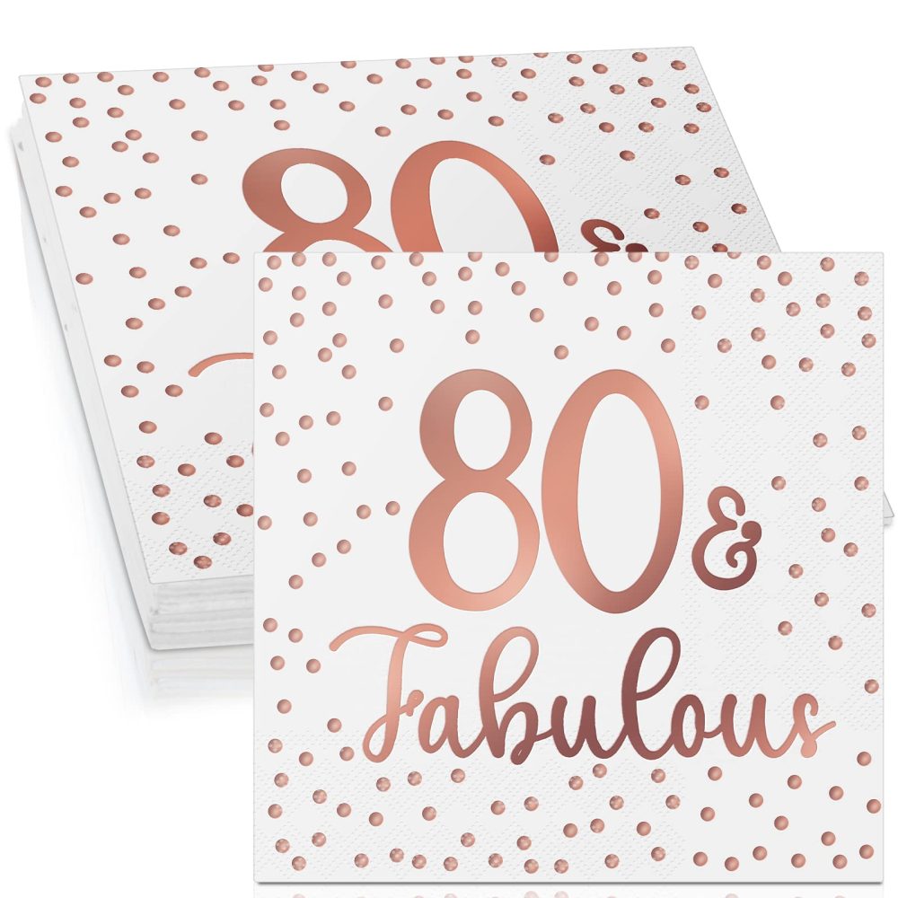Tenare 40 Pcs Glitter Napkins Happy 50th 60th 70th 80th 90th Birthday Napkins Fabulous Cocktail Disposable Napkin for Birthday Party Anniversary Decoration, 3 Ply (White and Rose Gold,80th Fabulous)