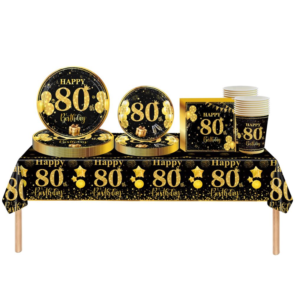 69pcs Black Gold 80th Birthday Decorations for Men Women,80th Birthday Tableware Tablecloth Paper Plates Napkins Serviettes and Cups for 80th Birthday Table Decorations for Him,Her 80th Birthday Gifts