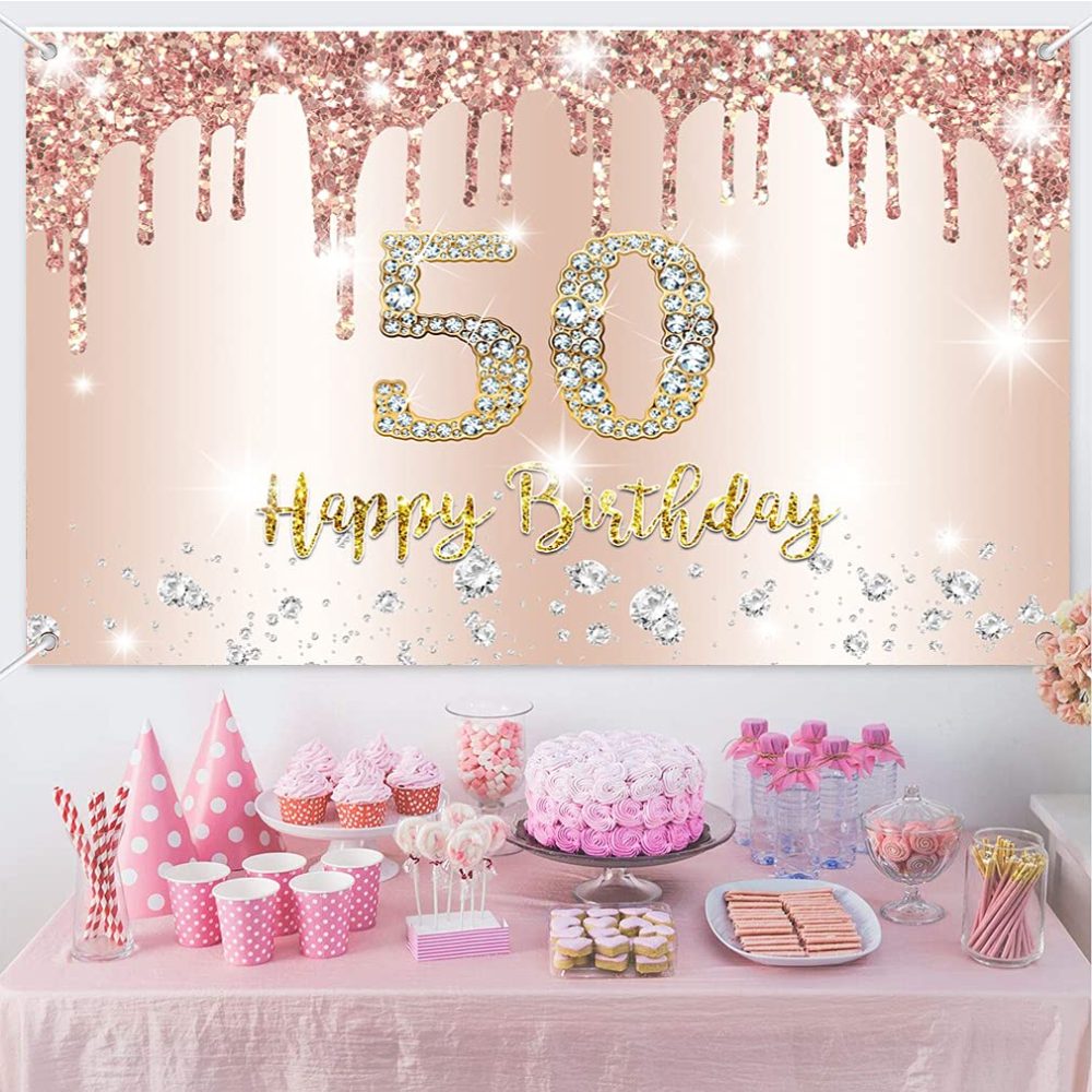 Happy 50th Birthday Party Decoration Backdrop Banner for Women Happy 50 Years Old Fabric Sign Poster, Glitter Rosegold Photo Background 50th Birthday Decorations Party Supplies, 150x90cm - Image 4