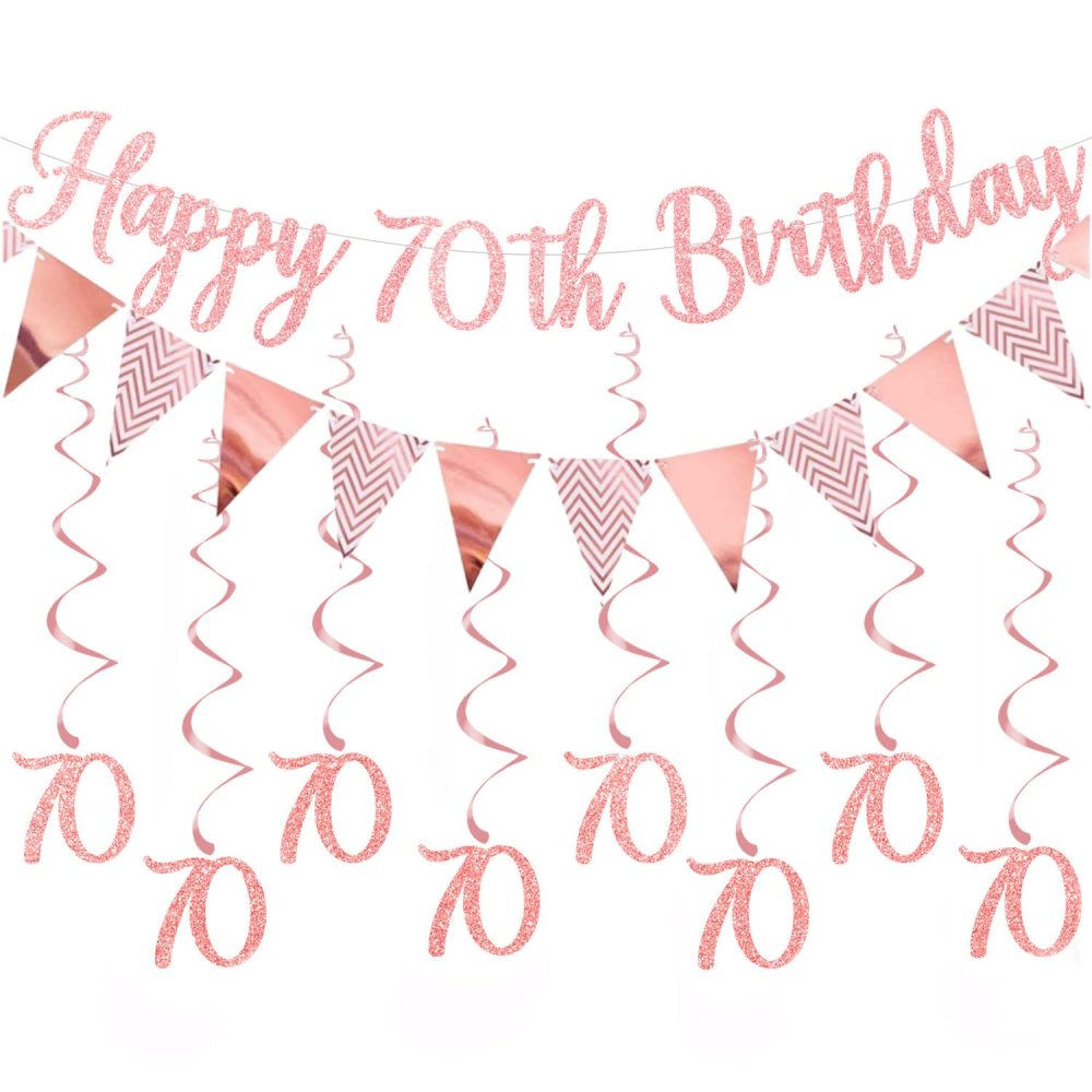 Elicola 70th Birthday Party Rose Gold Decorations Happy 70th Birthday Bunting Banner With Hanging Swirls Streamers for Womens Birthday Anniversary Party Decor Supplies