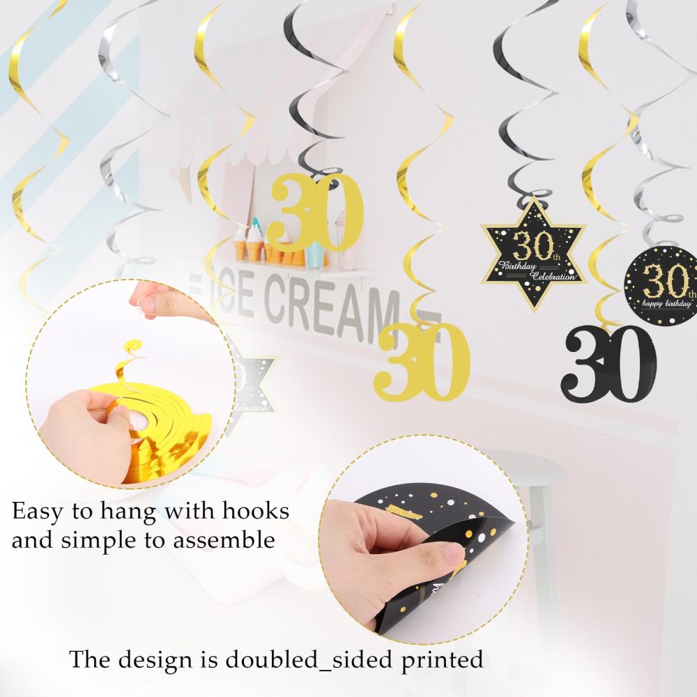 30th Birthday Party Hanging Swirls Streamers 22pcs Black Gold Birthday Streamers Supplies 30th Birthday Ceiling Decorations Spirals Set for Boy Men Birthday Anniversary Party Celebration (30TH) - Image 3