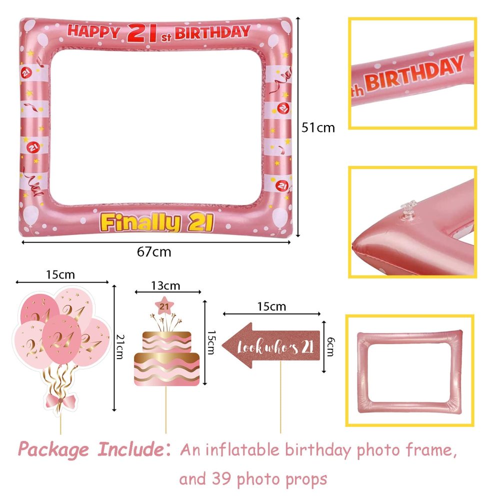 21st Birthday Decorations Girls Boys,Rose Gold Inflatable Selfie Frame&38Pcs 21st Birthday Photo Booth Props,Giant Inflatable Party Photo Booth Frame for Girls Ladies 21st Birthday Party Decorations - Image 6