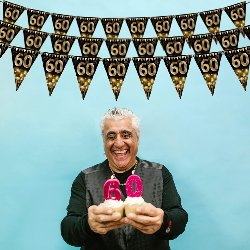 40Pcs Happy 60th Birthday Banner Bunting Flags Gold and Black Glitter 60th Birthday Anniversary Party Decoration Supplies,60th Birthday Triangle Flag Banners for Men Women - Image 3