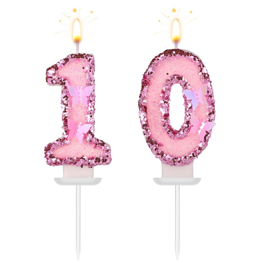 Girls Birthday Number 10 Candles, 2.95in Glitter Butterfly Happy Birthday Cake Toppers Pink Sequins Wedding Numeral Cupcake Decorations for Anniversary Celebration Party Supplies (10th)