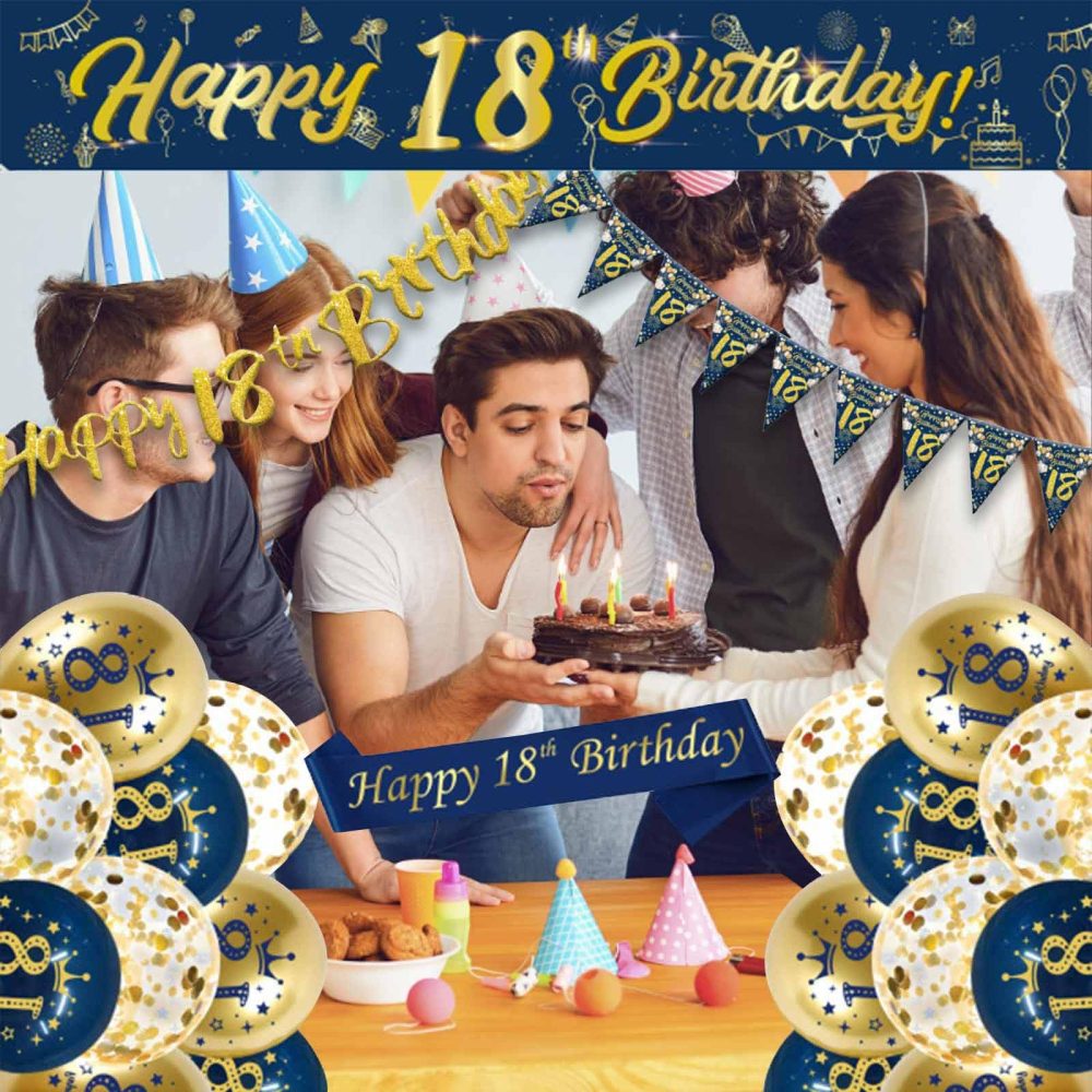 18th Birthday Decorations Kit,Blue Gold Happy 18th Birthday Banner,18th Birthday Balloons,Blue Gold Latex Balloons Party Decorations for Boys 18th Birthday Party Supplies (18th Birthday) - Image 2