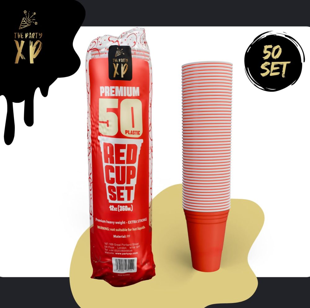 The Party XP Premium 50 Plastic Red Cup Set (12oz) – Reusable American Style Red Party Cups for All Occasions and Business – Red Plastic Cups for BBQs, Weddings, Picnics, and Events - Solo Cups - Image 3