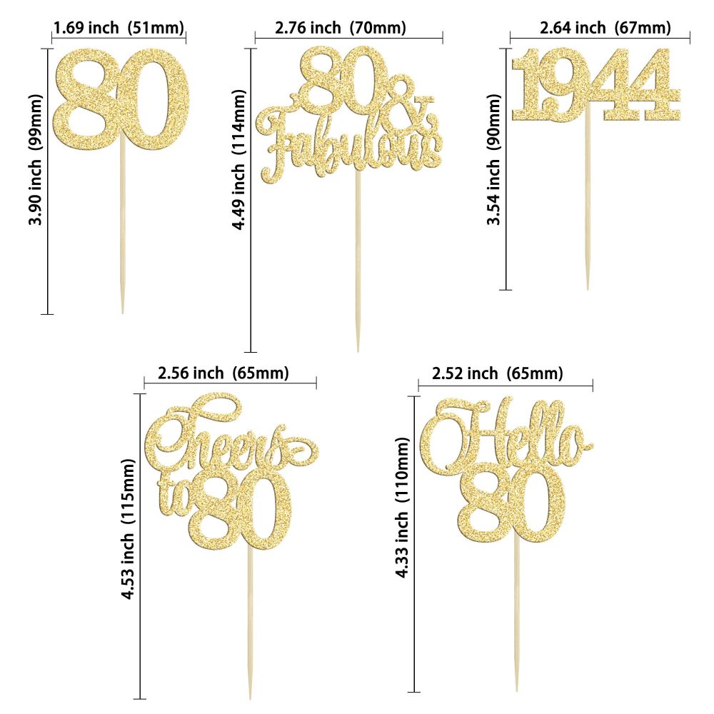 Gyufise 30Pcs 80th Birthday Cupcake Toppers 80 Fabulous Cupcake Picks Cheers to 80 1944 Cake Decorations for Happy 80th Birthday Wedding Anniversary Party Decoration Supplies Gold - Image 7