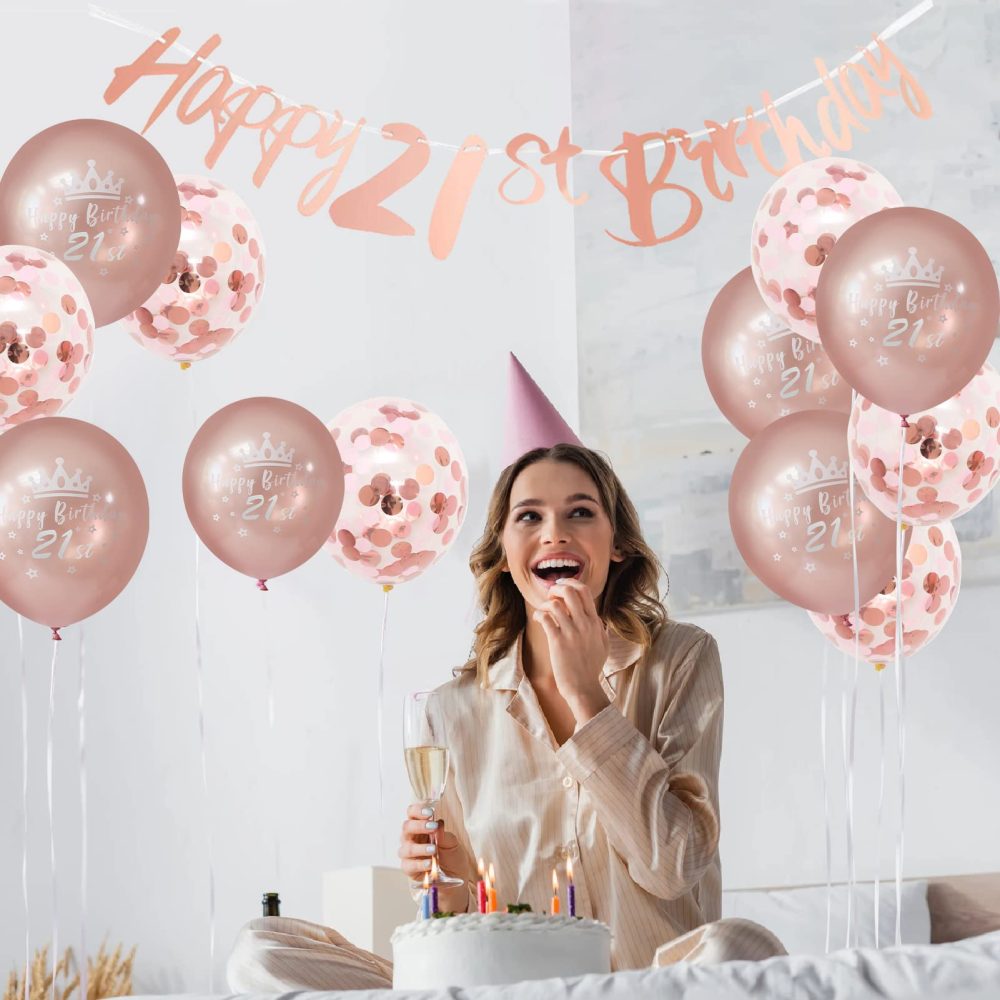 Happy 21th Birthday Banners Rose Gold Women 21th Birthday Banner Bunting Including 12 Pack 12” Latex Printed Balloons Women 21 Birthday Decorations Supplies - Image 7