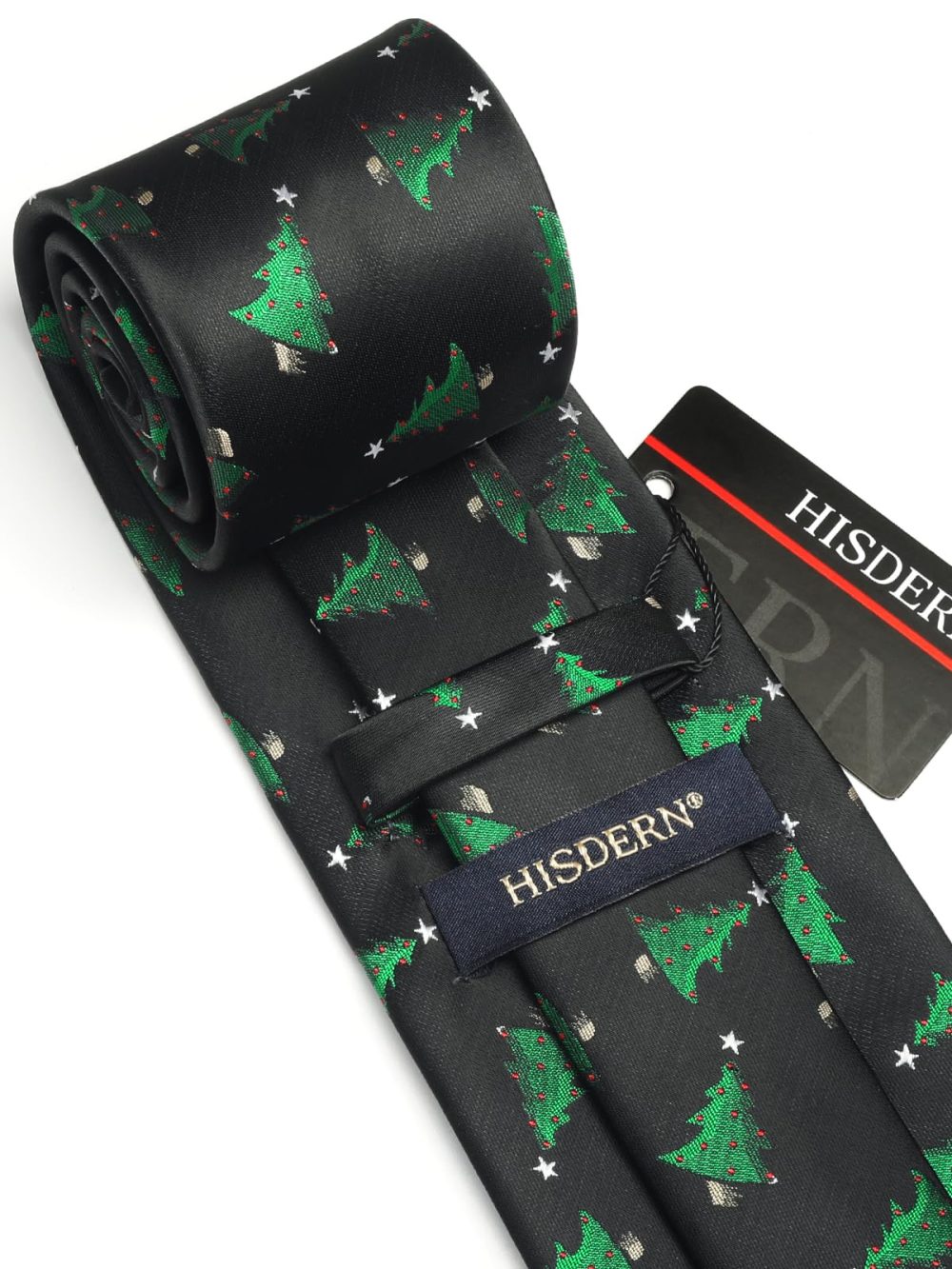HISDERN Christmas Black Tie for Men Green Trees Pattern Ties Festival Party Xmas Dinner Necktie & Pocket Square Set - Image 5