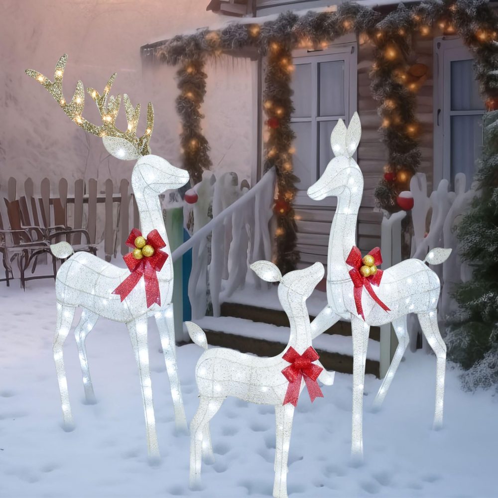 HOYECHI Lighted Christmas Decoration Deer 3 Piece, Light up Christmas Decor Reindeer Family Set for Indoor Outdoor Front Yard Porch with LED Lights, Plug, Extension Cord, Ground Stakes - White - Image 3