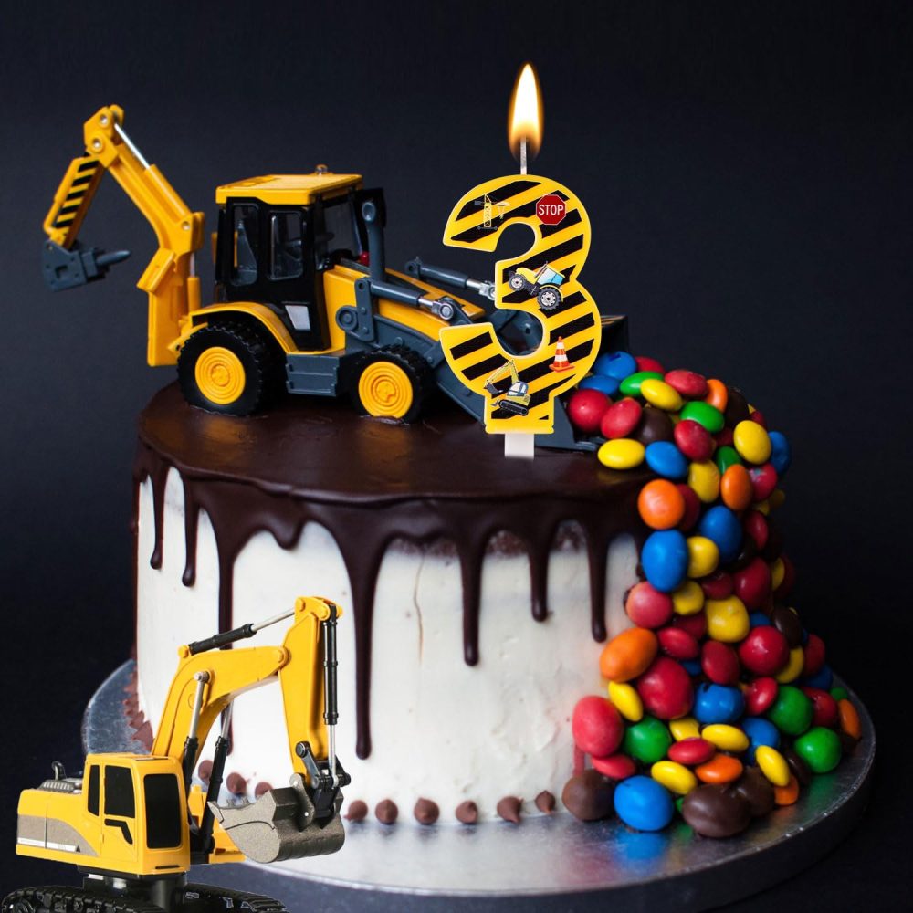Construction Birthday Candle, Happy Birthday Candles Numbers Construction Cake Topper Yellow and Black Striped Candles for Boys Construction Birthday Party Supplies Decorations (Number 3) - Image 3