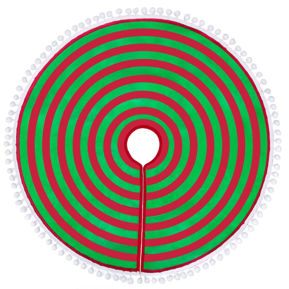 MACTING Christmas Tree Skirt, 30 Inches Red and Green Stripes Tree Skirt with Small Pom Poms Edge for Xmas Tree Christmas Decoration