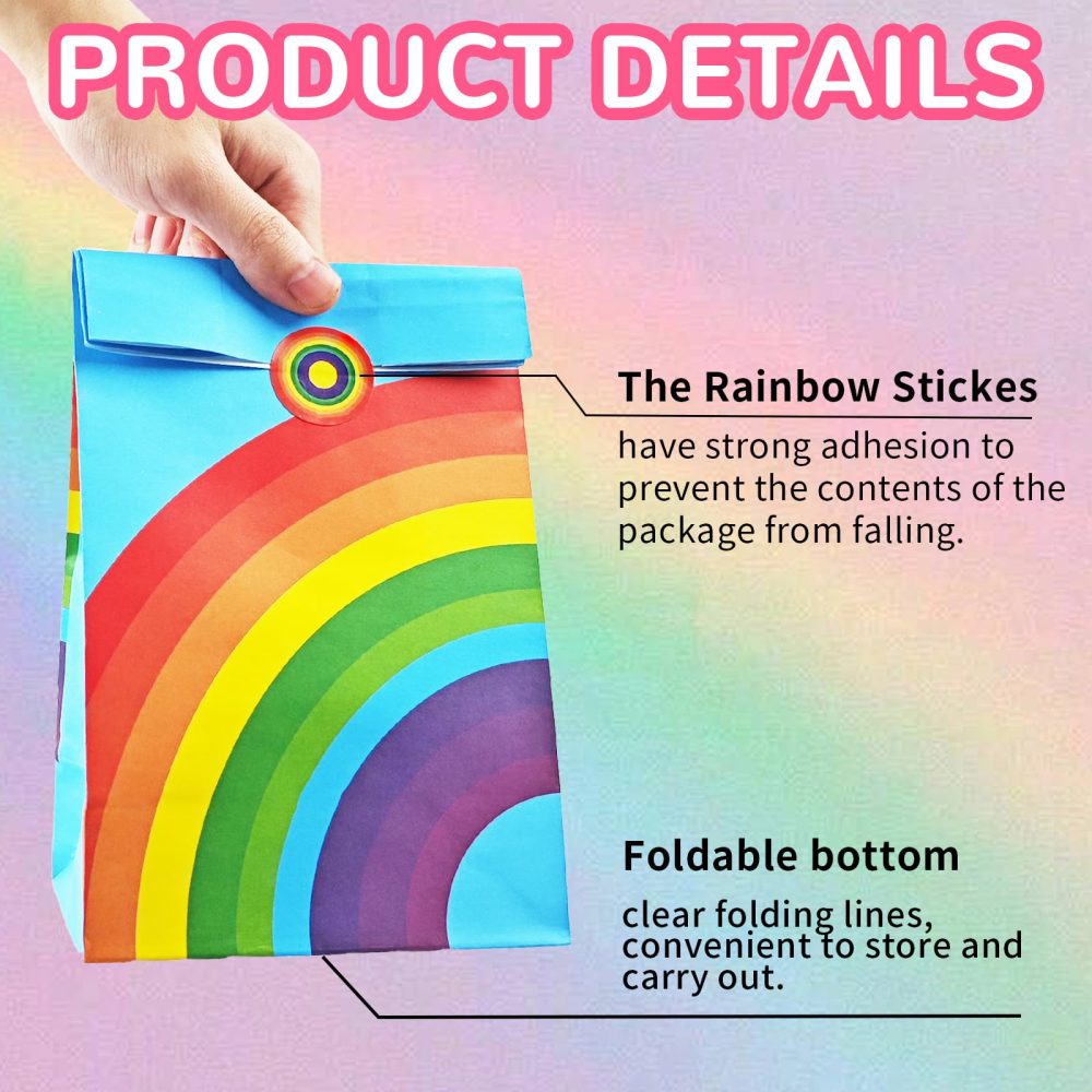 12 Pieces Rainbow Goody Bags with Sticker, Reusable Rainbow Stripe Paper Bags, Rainbow Sweet Treat Kraft Bags, Multi-Color Flat Bottom Paper Bags, Kraft Gift Bags for Baby Baptism Wedding Party - Image 5
