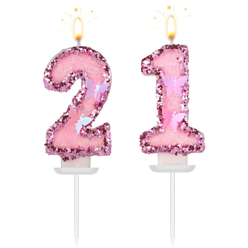 Girls Birthday Number 21 Candles, 2.95in Glitter Butterfly Happy Birthday Cake Toppers Pink Sequins Wedding Numeral Cupcake Decorations for Anniversary Celebration Party Supplies (21th)