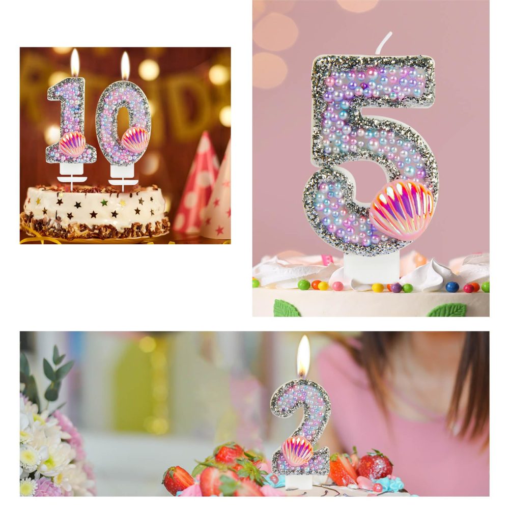Girls Mermaid Birthday Number Candles, Glitter Mermaid Number 0 Candle with Pink Shell Sequins, Pink Purple Pearls Cake Candles for Girls Mermaid Themed Birthday Decorations Party Supplies - Image 4