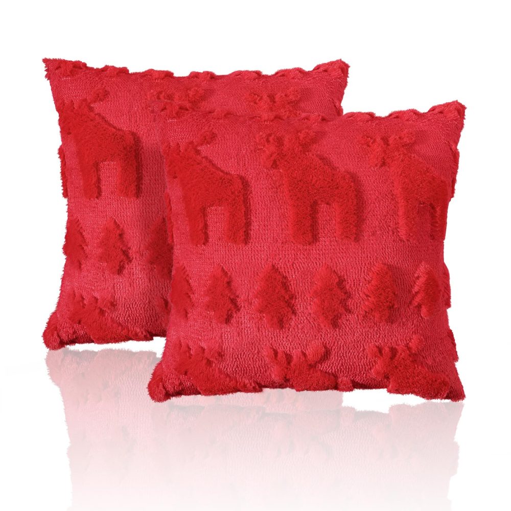 Lewondr Christmas Throw Pillow Cover 18x18, Set of 2 Super Soft Faux Fur Pillow Covers Velvet 3D Christmas Tree Reindeer Embroidery Square Throw Pillowcase for Living Room Bed Sofa Home Decor, Red - Image 3