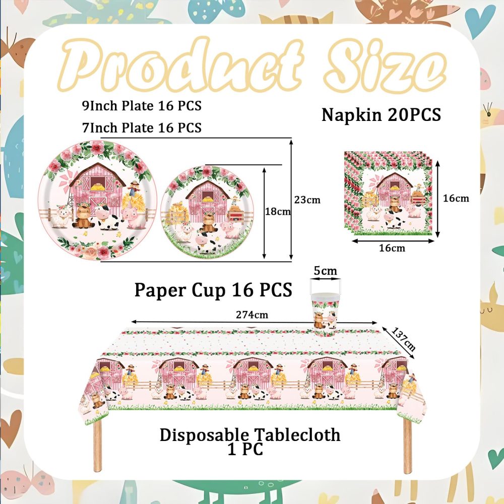 Farm Animals Party Decorations Tableware Set,69Pcs Farm Theme Party Supplies,Farm Animal Party Tablecloth,Farm Party Plates,Napkins and Cups for Baby Shower,Girl Farm Birthday Farm Animal Theme Party - Image 4
