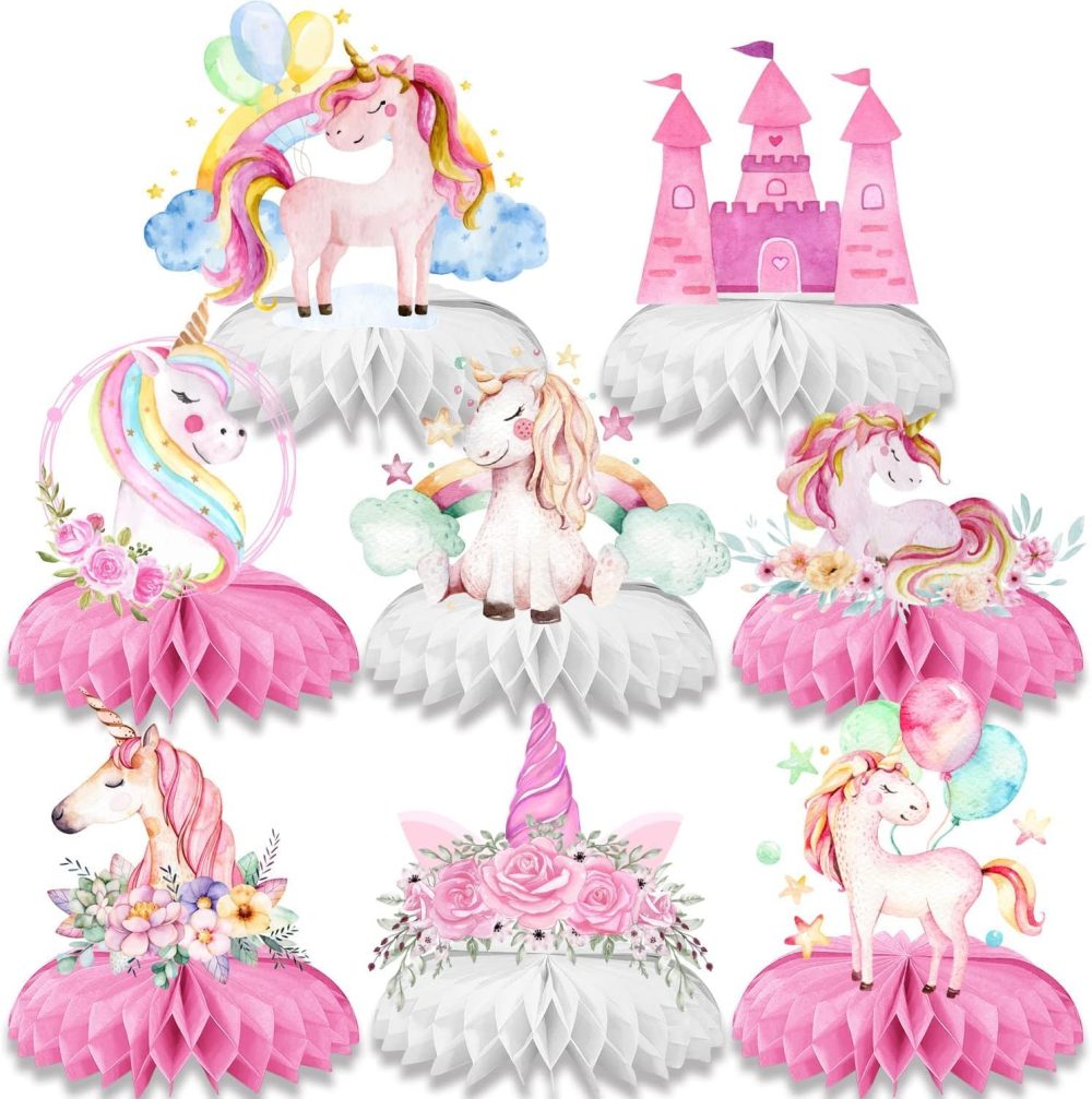 8pcs Magic Unicorn Honeycomb Ornament,Pink Series Paper Table Tops,Girl Birthday Theme Party Table Decoration DIY Paper Flower