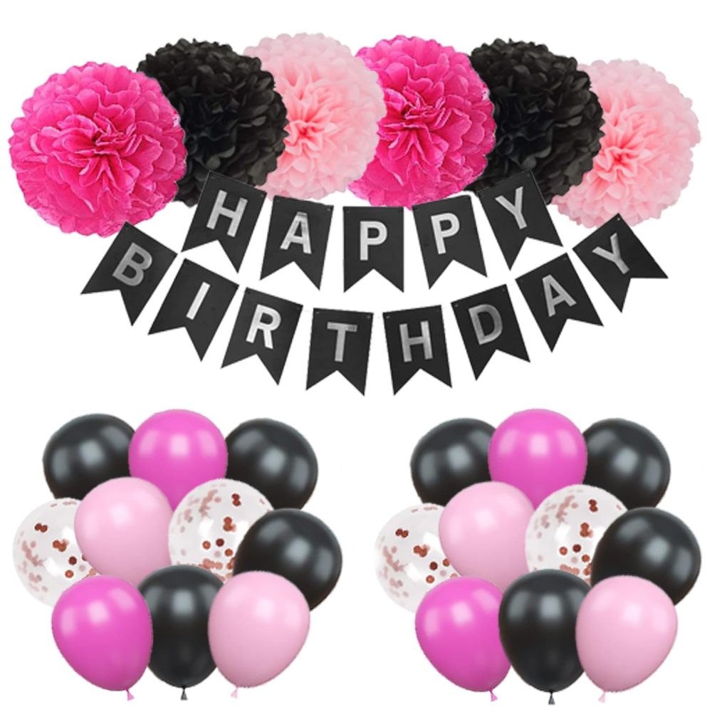 Pink And Black Birthday Decorations, Hyballustw Hot Pink And Black Balloons with Happy Birthday Banner for Girl Birthday Party Decorations for Girls Women Birthday Party Decorations