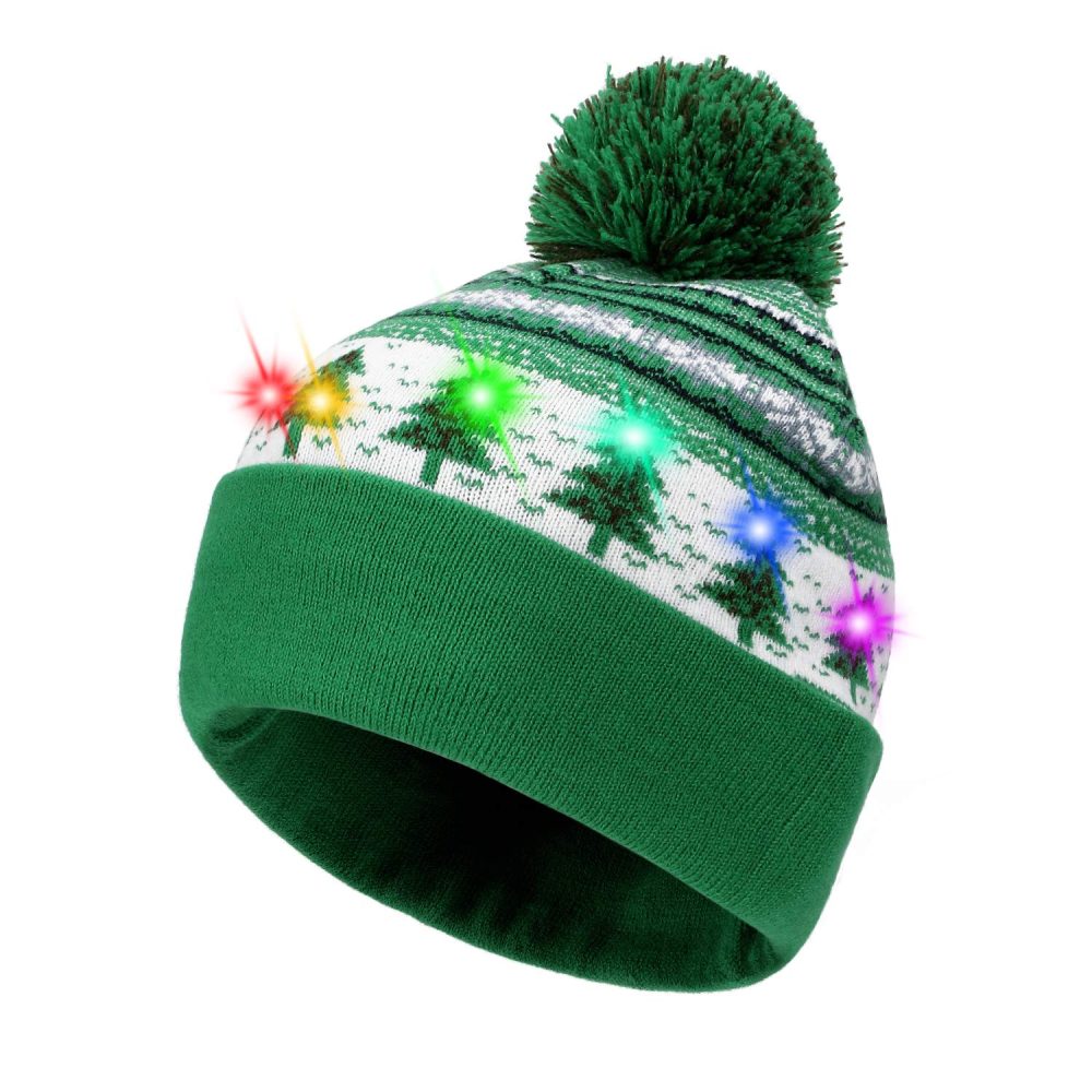 Hifot LED Light Up Hat Beanie Knit Cap Bright and Colorful Xmas Christmas Beanie Cap Warm Novelty Knitted Beanie Cap (Green Christmas Tree)