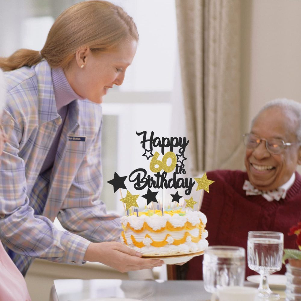 Gidobo 60th Birthday Cake Toppers, Black Gold Glittery Cake Decorations with Stars, Sixty Years Old Birthday Party Supplies for Men and Women - Image 3