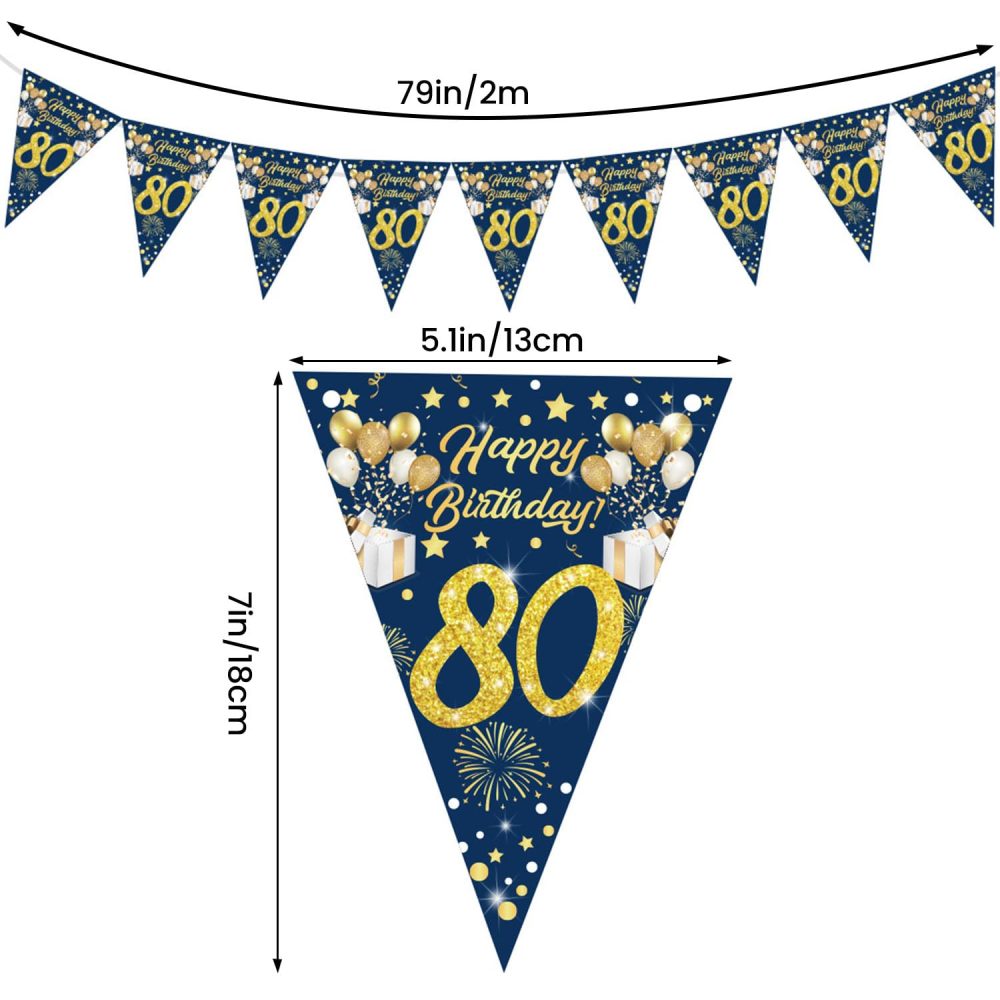 Happy 30/50/80th Birthday Banner Bunting Flags, 30/50/80th Birthday Decorations, Gold Glitter Birthday Anniversary Party Decoration Supplies, Birthday Triangle Flag Banners for Men Women (Blue 80th) - Image 6
