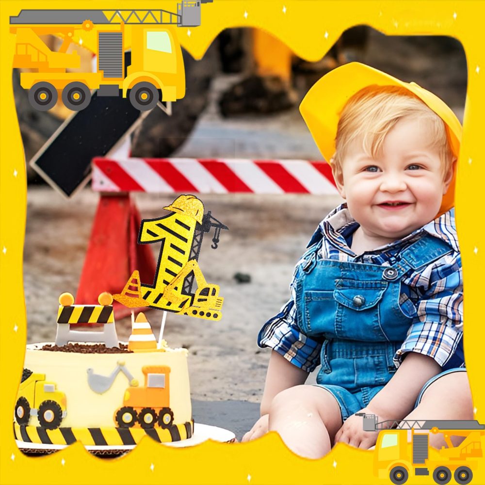Yiran 2nd Birthday Cake Toppers,Yellow Construction Cake Decorations with Engineering Vehicle Themed,2 Years Old Birthday Cake Decorations Toppers for Boys Birthday Party Supplies - Image 2