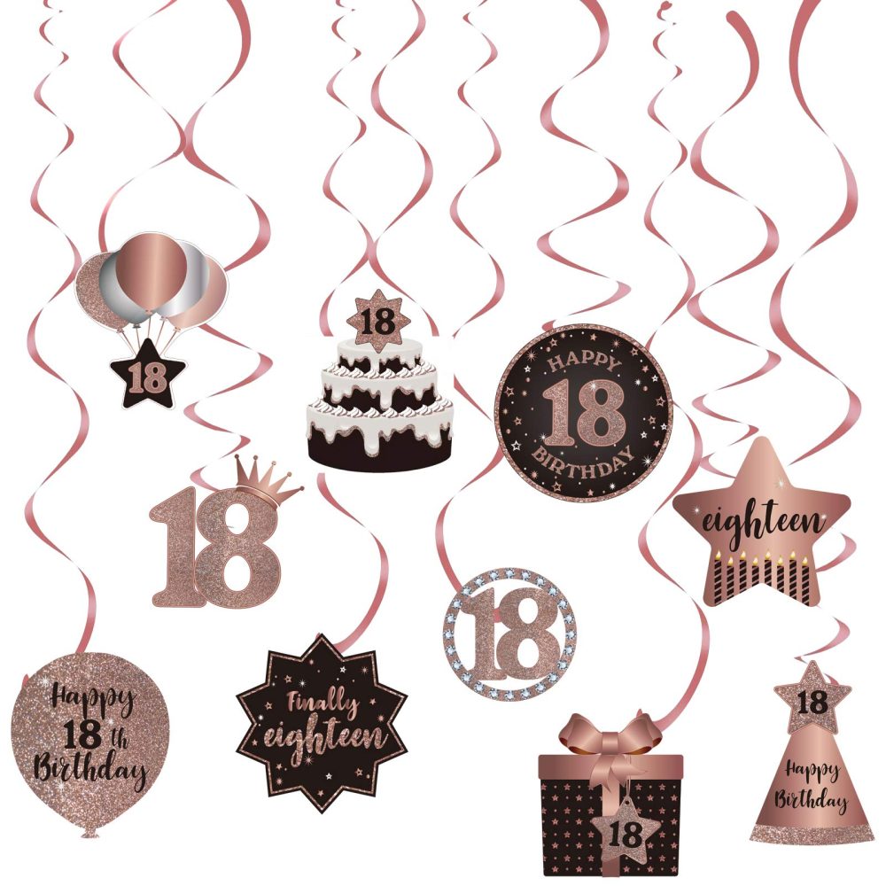 Happy 18th Birthday Party Hanging Swirls Streams Ceiling Decorations, Celebration 18 Foil Hanging Swirls with Cutouts for 18 Years Old Pink and Gold Birthday Party Decorations Supplies