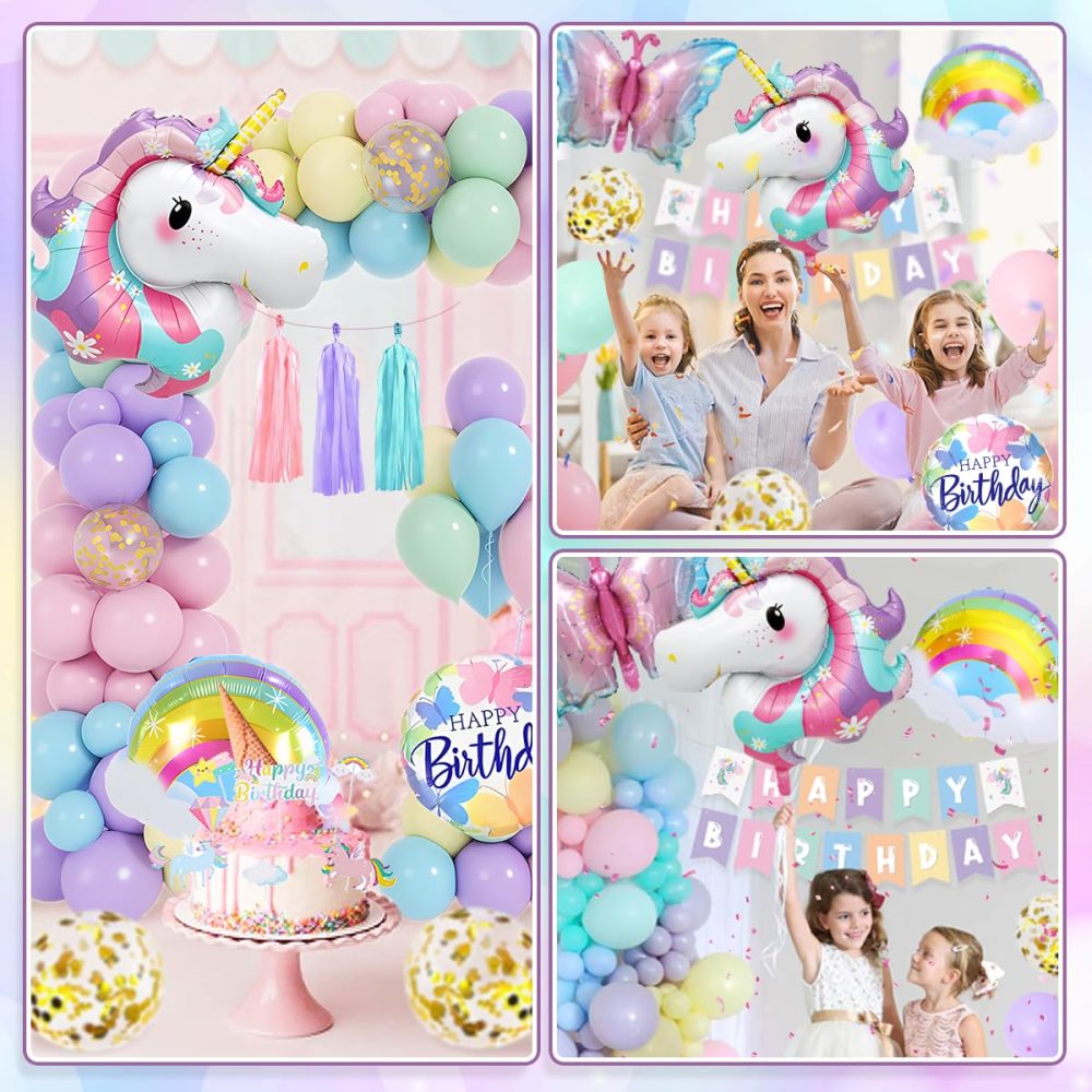 TOLOYE Birthday Decoration for Girls, Unicorn Butterfly Theme Party Decorations, Birthday Decorations with Happy Birthday Banner, Unicorn Butterfly Foil Balloons, Girls Birthday Party Supplies - Image 3