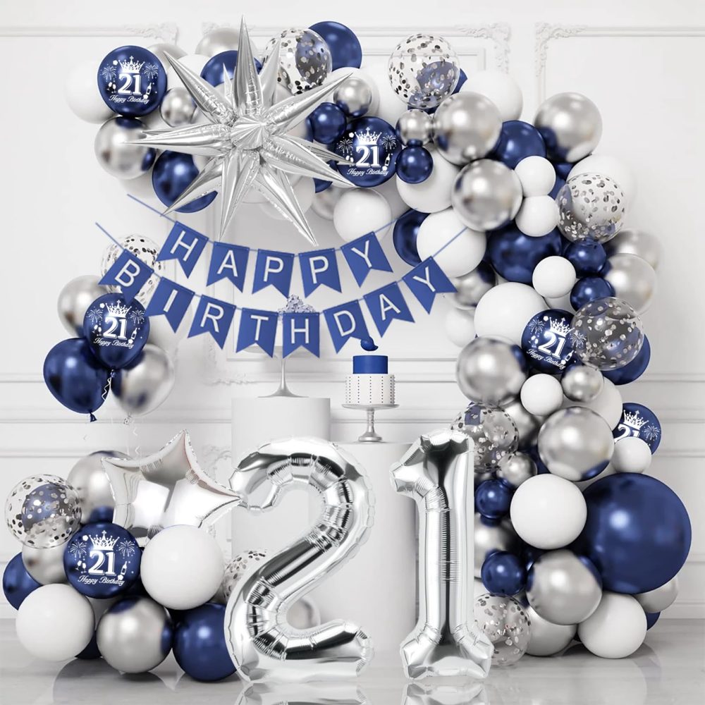 21st Birthday Decorations Blue Silver Balloons Arch Kit with 21 Number Star Foil Confetti Balloon Happy Birthday Banner Navy Blue and Silver Party Decor for 21st Boys Girls Men Women Anniversary