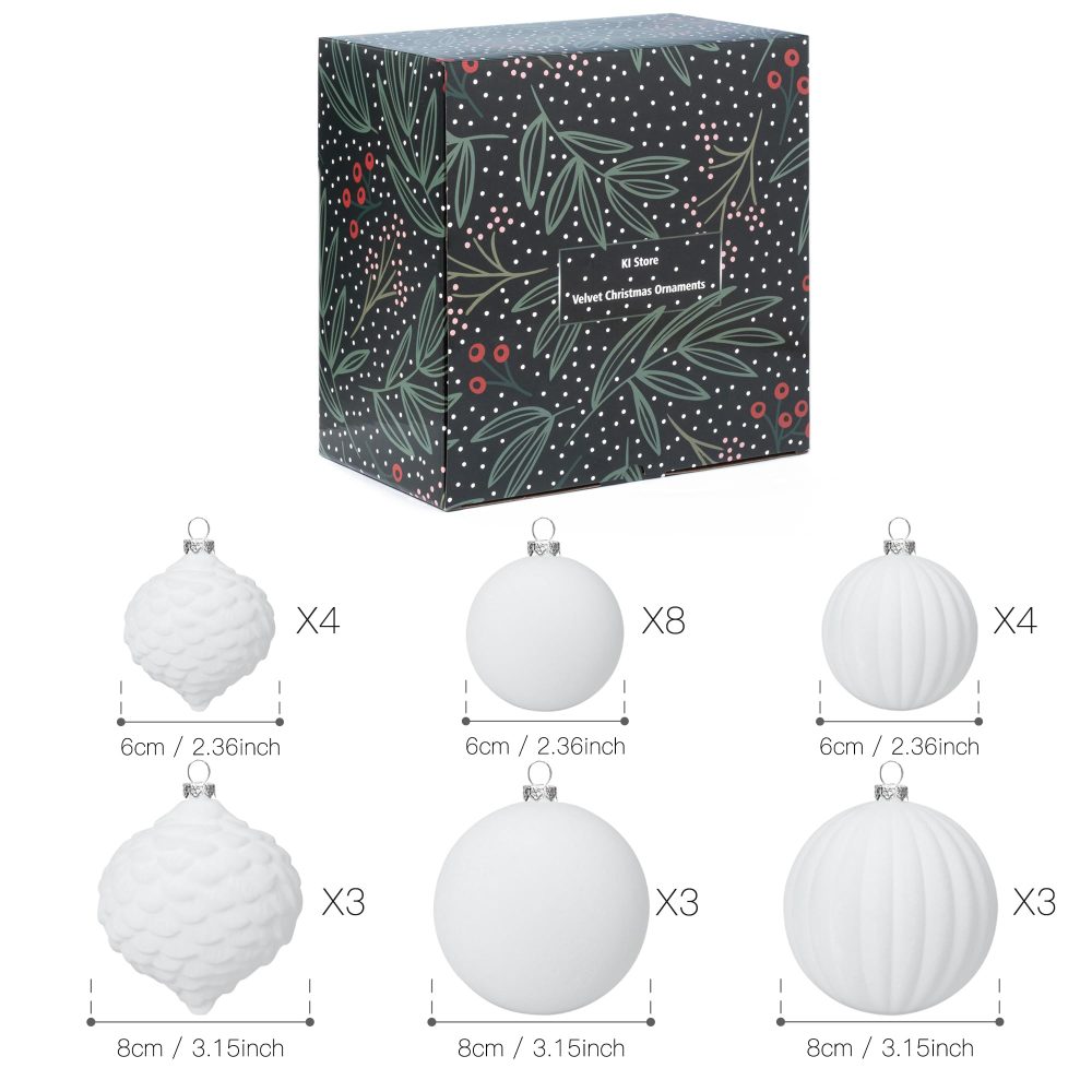 KI Store White Velvet Christmas Balls 25pcs Shatterproof Flocked Christmas Tree Ornaments Assorted for Xmas Tree Decorations - Image 2
