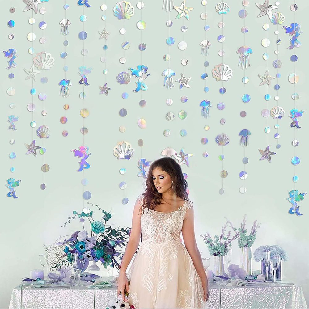 Dinghaole 52Ft Iridescent Mermaid Party Decorations-Bubble Pearl Starfish Seashell Jellyfish Garland-Ocean Under The Sea Theme-Baby Shower Birthday Party Supplies-Holographic Paper Bunting Streamers - Image 5
