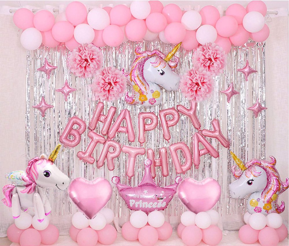 Unicorn Birthday Party Decorations Balloons Girls Pink with Happy Birthday Balloons Huge Unicorn Balloons Heart Shaped Foil Balloons Princess Crown Pom Poms Balloons Party Decoration - Image 4