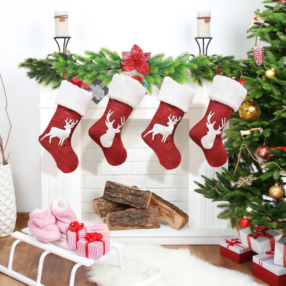 Christmas Stockings Set of 2, 18" White Reindeer Large Christmas Stocking Personalised for Adults Kids, Hanging Gift Bag Socks Ornaments Red Xmas Stockings for Christmas Fireplace Tree Decorations - Image 2