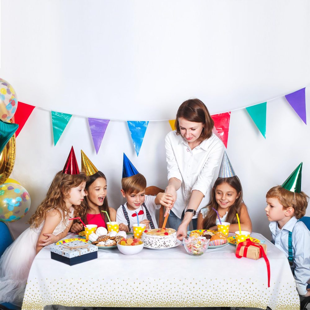 MOKANI Disposable Plastic Tablecloths, 4 Pack Party Rectangle Table Cloths, Gold Dot Confetti Rectangular Table Covers for Picnic Weddings Birthday Parties 54" x 108" - Image 3