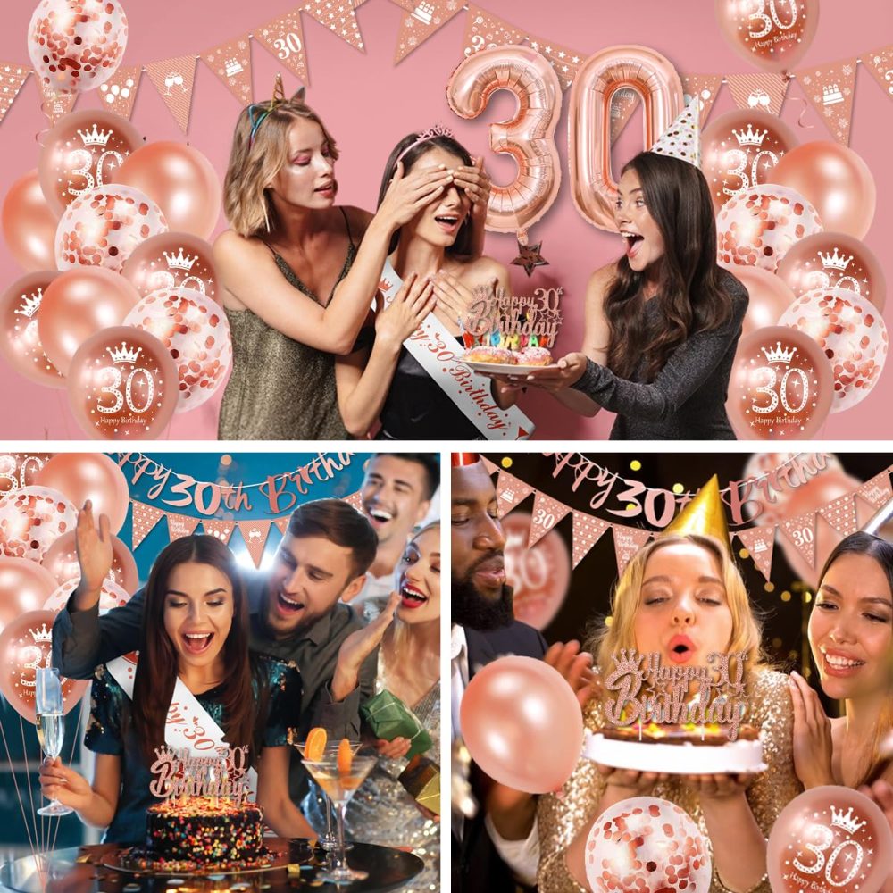 30th Birthday Decorations, Rose Gold 30th Birthday Decorations for Women,Happy 30th Birthday Banner Triangle Flag Bunting 30th Birthday Sash 30th Balloons Cake Topper for Birthday Party Decorations - Image 2