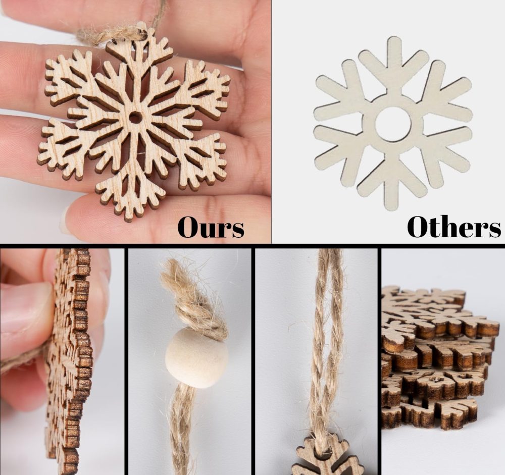 Mocraft 36pcs Wooden Snowflakes Vintage Christmas Pendant Wood Christmas Pendant Christmas Tree Snowflake Hanging Ornaments Christmas Decoration With Hemp Rope (Brown) - Image 7