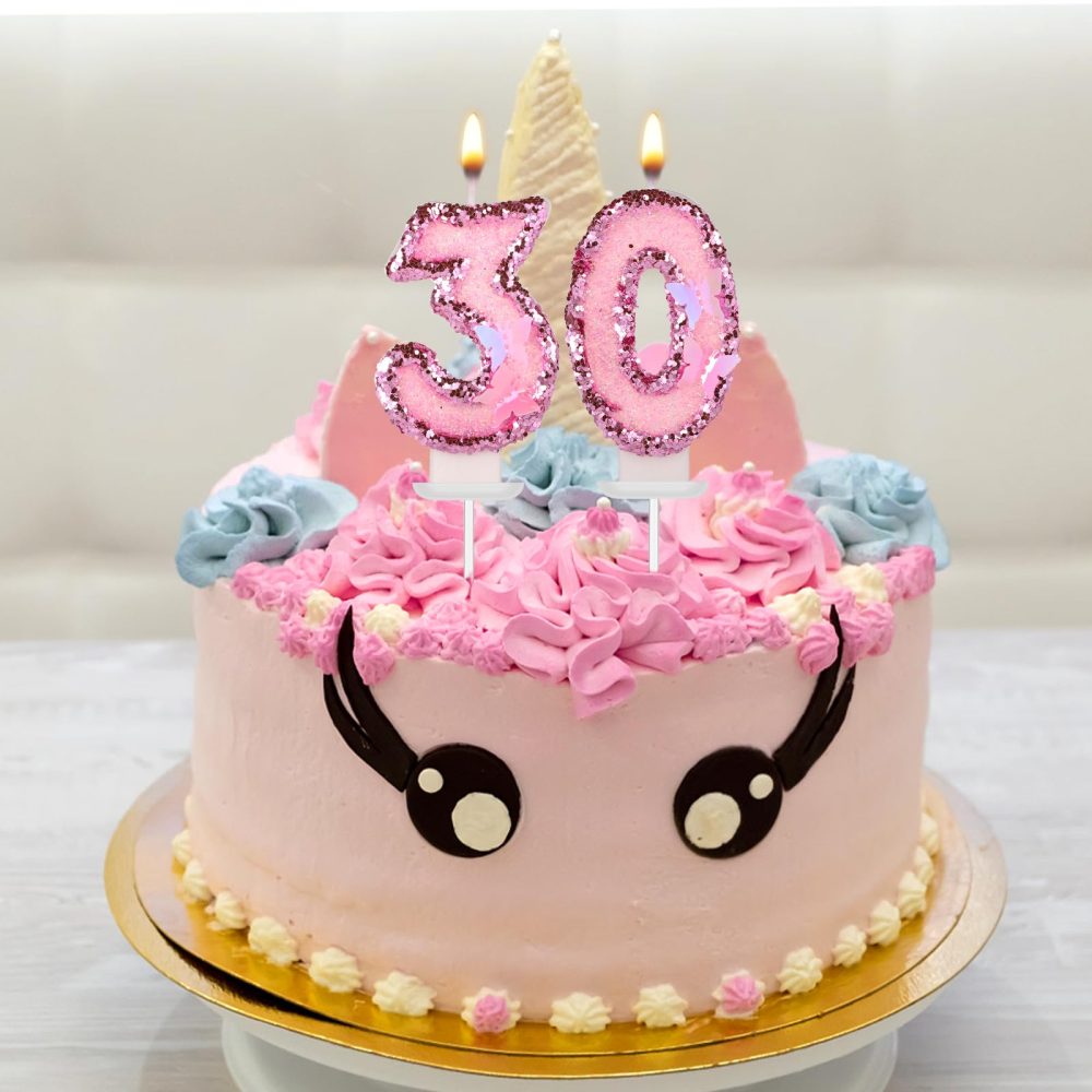 Girls Birthday Number 30 Candles, 2.95in Glitter Butterfly Happy Birthday Cake Toppers Pink Sequins Wedding Numeral Cupcake Decorations for Anniversary Celebration Party Supplies (30th) - Image 2