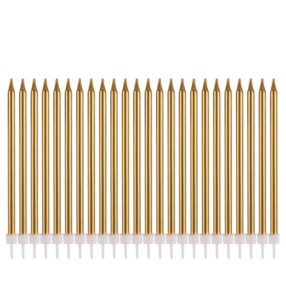 Metallic Happy Birthday Candles Tall Birthday Cake Candles Holders Long Thin Cupcake Candles Topper for Wedding Party Decoration (24pcs Metallic Gold)