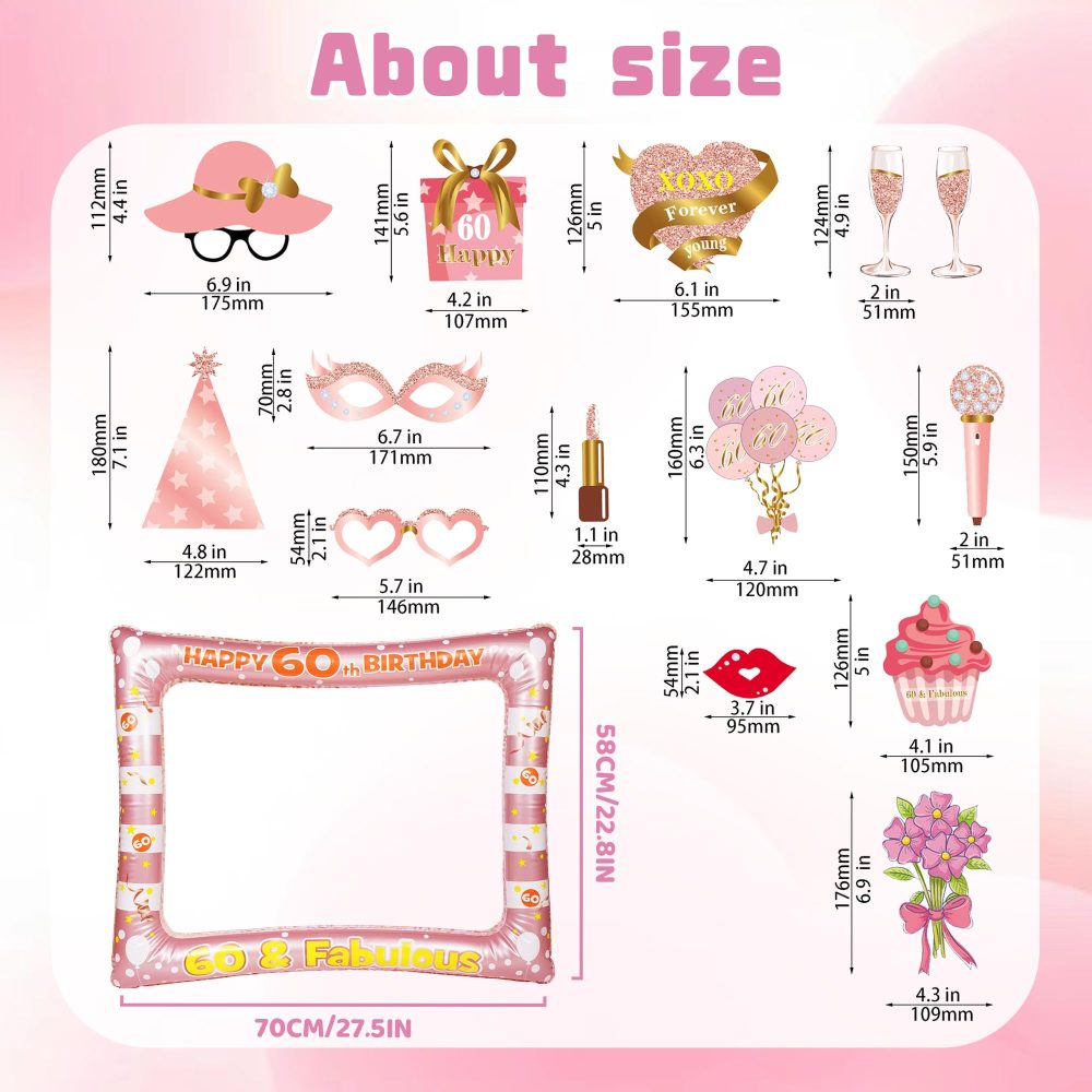 Rose Gold 60th Photo Props - 34 Pieces 60th Photo Booth Props Rose Gold Inflatable Selfie Frame 60th Birthday Photo Booth Props for Women Men 60th Birthday Party Supplies 60th Birthday Gift - Image 6