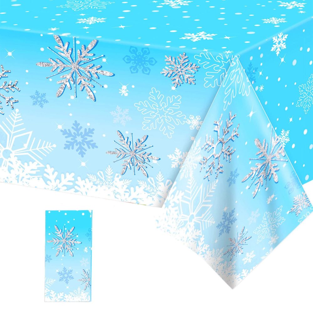 130*220cm Christmas Disposable Table Cloth Table Cover Plastic,Rectangle Waterproof Table Cloths Blue Snow Xmas Tablecloth for Christmas Winter Holiday Frozen Party Table Decoration Supplies