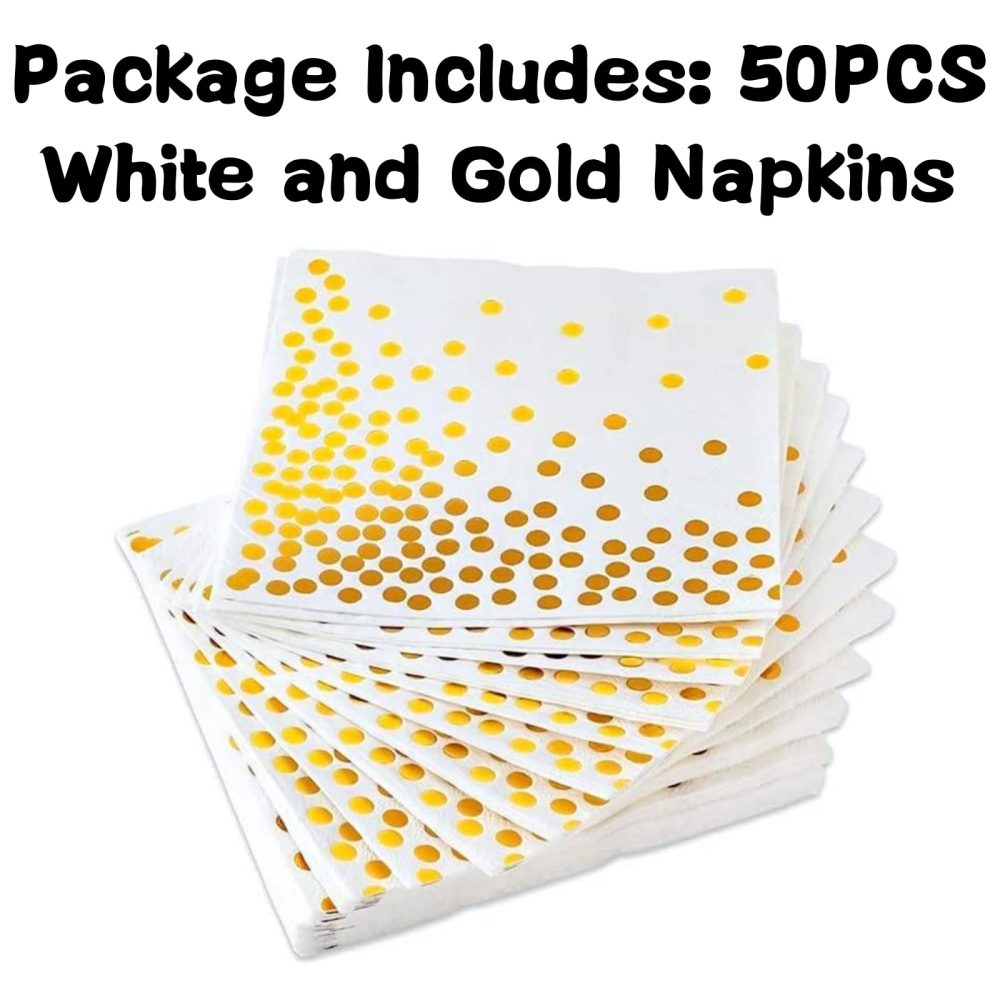 50PCS White and Gold Polka Dot Party Napkins, CEILIWEN 33x33CM White with Gold Napkins, Cocktail Napkins Dinner Napkins Serviettes Napkins - Image 9