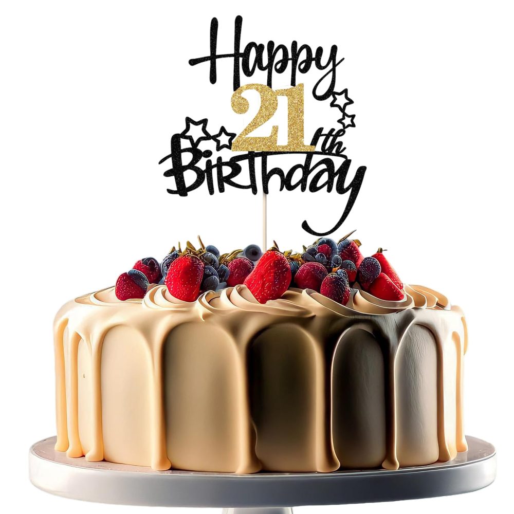 JEKUGOT 21th Birthday Cake Toppers, Black and Gold Glitter Cake Decorations, Happy 21th Birthday Cake Toppers for Boys and Girls Themed Party (1pcs)