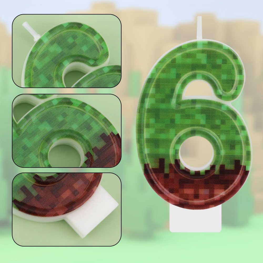 Birthday Number Candle, Green Brown Pixel Gaming Birthday Number Candles Paraffin Number Candle Cupcake Toppers Cake Decorations for Happy Birthday Party Game (Number 6) - Image 6