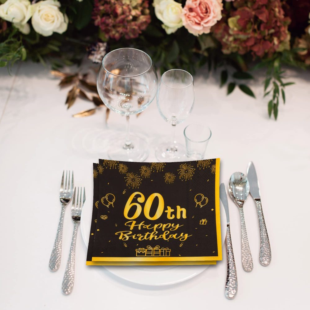 TOPWAYS Black Gold 60th Birthday Decorations Paper Napkins, 60pcs Disposable Paper Birthday Napkins Table Decoration for Women Men 60 Birthday Party Supplies Table Decoration, Birthday Tissue (60th) - Image 4