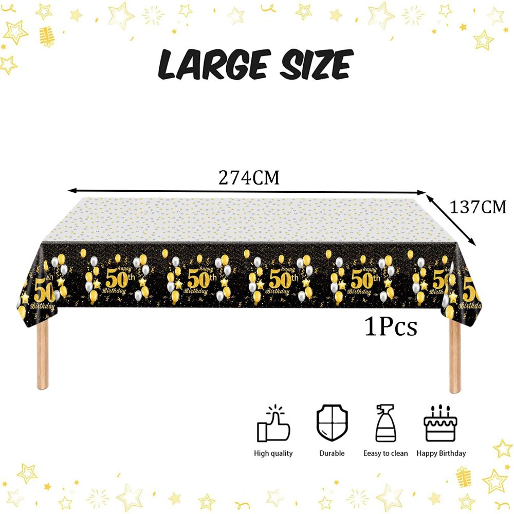 Black Gold Happy 50th Birthday Table Cloth Cover Party for Men,Women,Him,Her,137*274cm 50th Birthday Table Decorations,Rectangular Plastic Tablecloth for 50th Birthday Party Supplies Decorations - Image 7