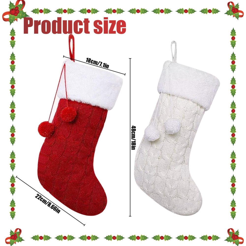 TATAFUN 2 Pack Knitted Christmas Stocking Red White Christmas Stocking Large Size Xmas Stockings Santa Stockings with Pompom for Christmas Party Decorations - Image 7
