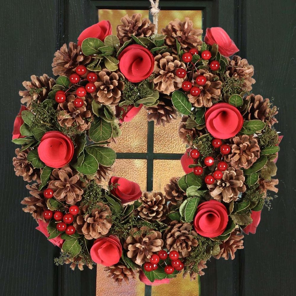 Christmas Wreath Large 14" Front Door Wall Hanging Winter Wreath Garland Ornament (Red) - Image 2